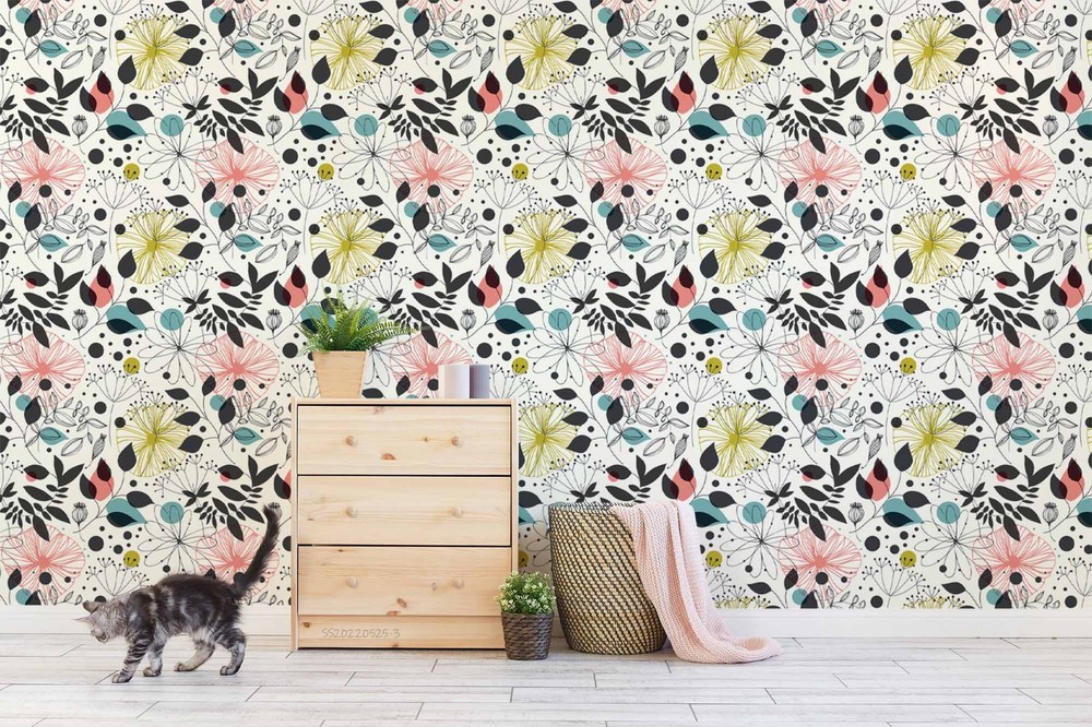 3D Hand Drawn Flowers Leaves Pattern Wall Murals Wallpaper Murals Wall Sticker