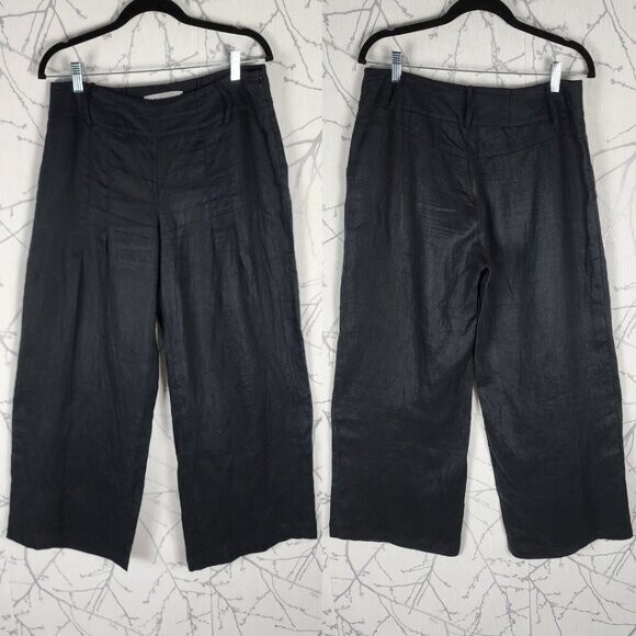 Melanie Lyne Black 100% Linen High-Rise Wide Leg Pleated Pants Womens Size 12