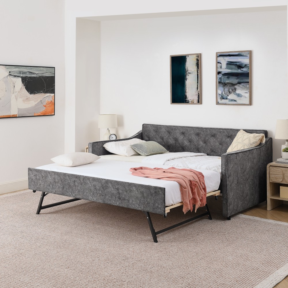 Two-Person Upholstered Sofa Bed with Pop-Up Bed Frame and USB Charging Design