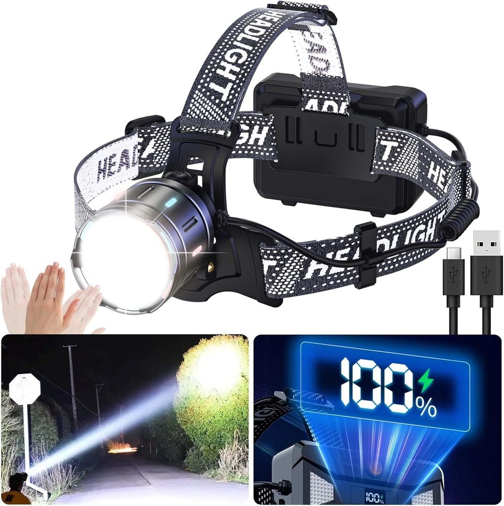 Long Beam Waterproof Headlamp - 1500m Range, Power Bank & 4 Modes Functionality