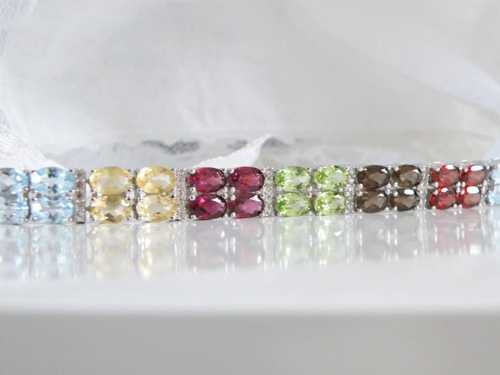 Sterling Silver 925 Double Row Tennis Bracelet with Natural Gemstones 8.5 Inches  