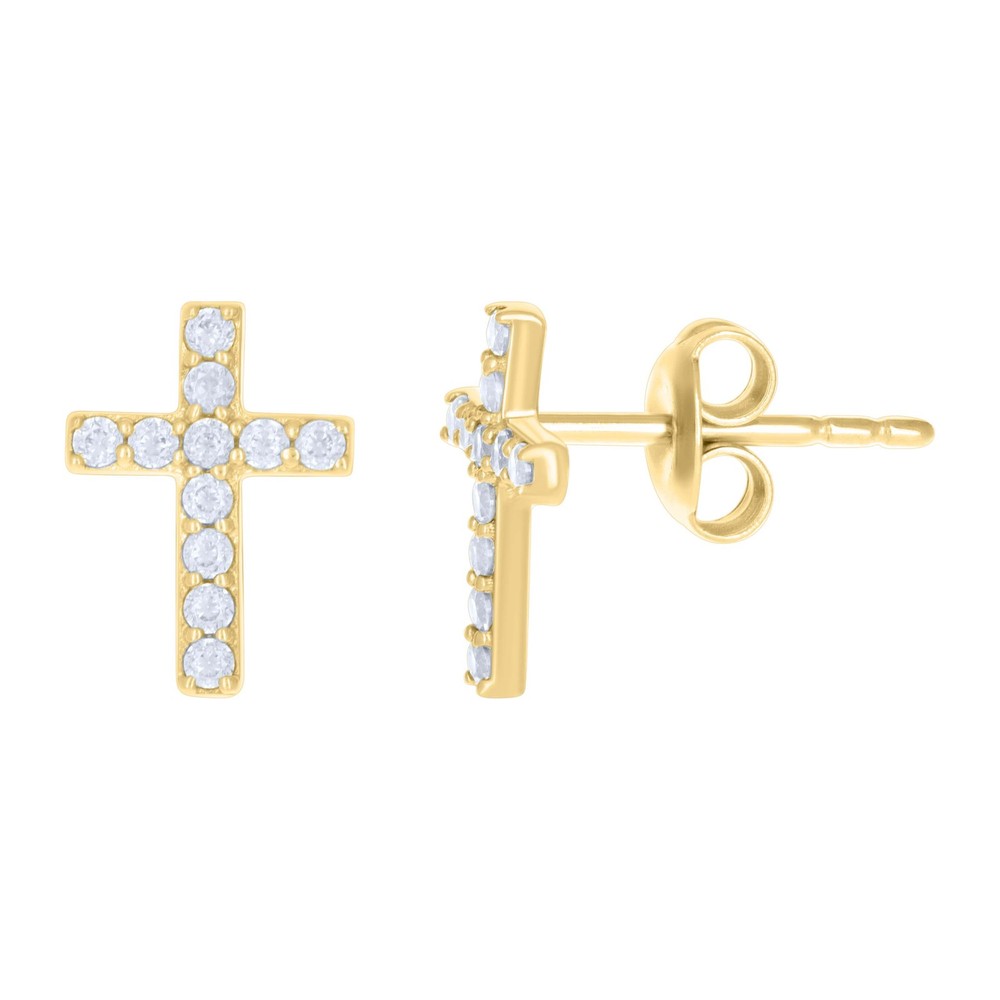 10K Yellow Gold Cubic Zirconia Cross Religious Stud Earrings 0.8gm L-9.4 mm