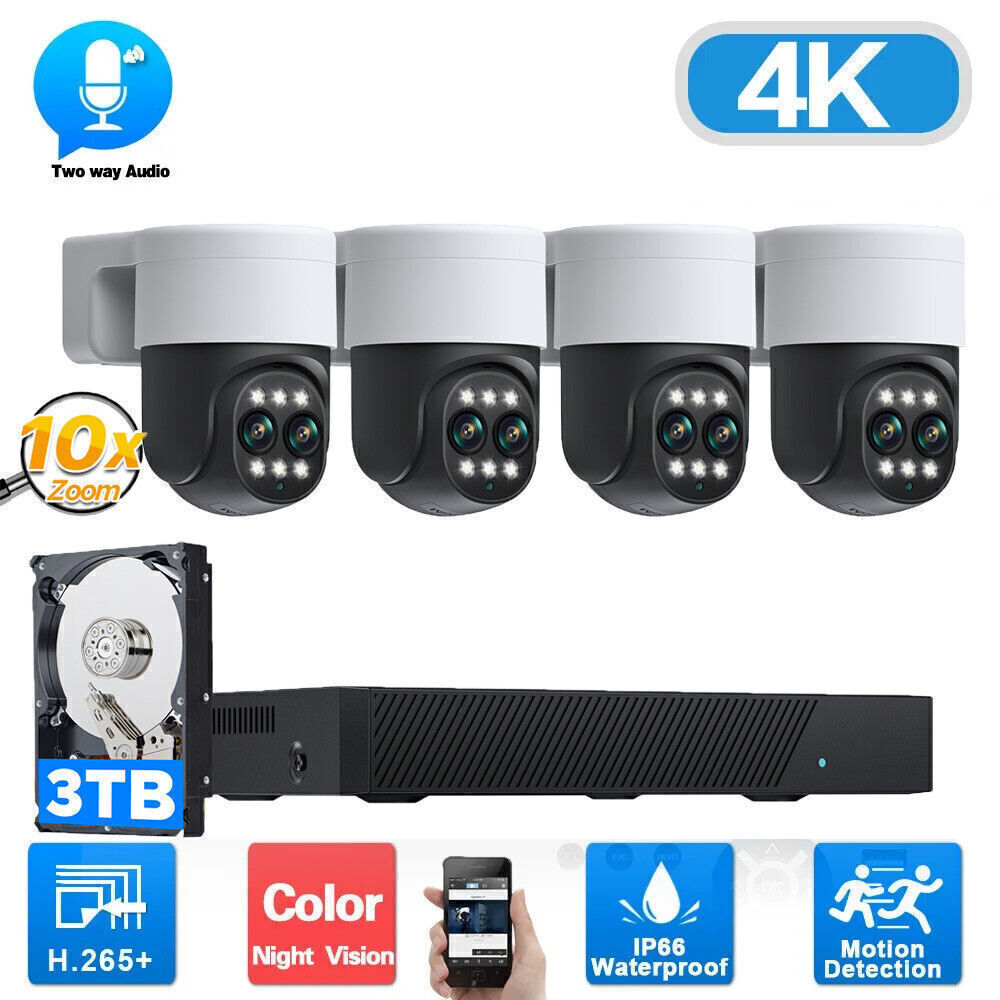 Wired 8MP PoE Cameras System for Home Security Outdoor 10X Zoom IR Night Vision