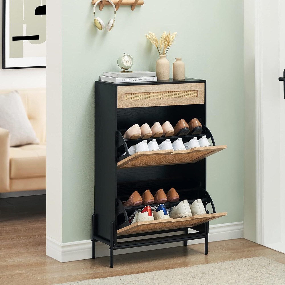 Shoe Storage Cabinet 2-Flip Drawers Top Shelf Farmhouse Sneakers Rack Organizer