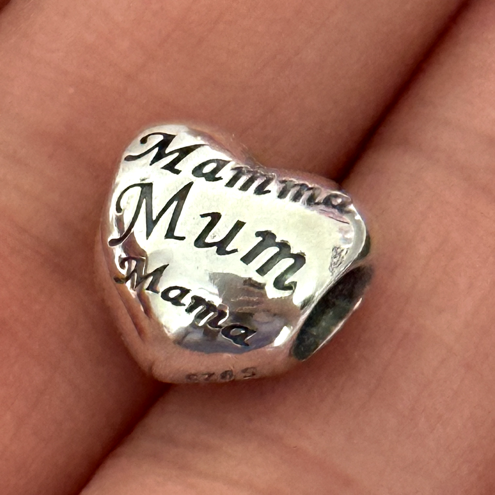 Pandora 925 Sterling Silver Multilingual Mom Puffy Heart Charm Bead