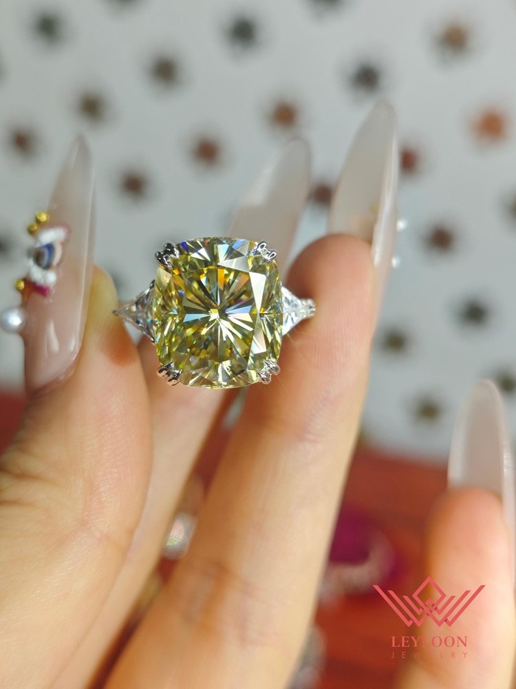 10ct Fancy Light Yellow Cushion Cut 3-Stone VVS Moissanite Ring in 14K Gold