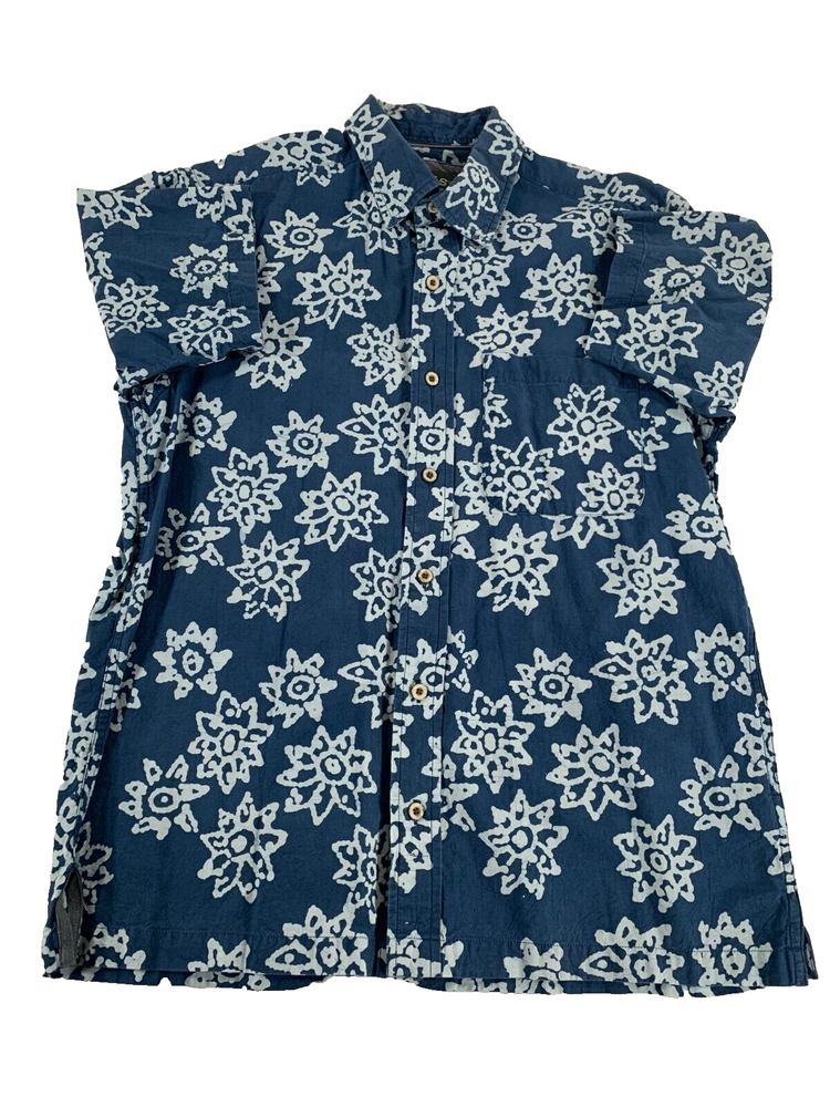Orvis Mens Blue White Floral Batik Print Button Down Short Sleeve Cotton #4321