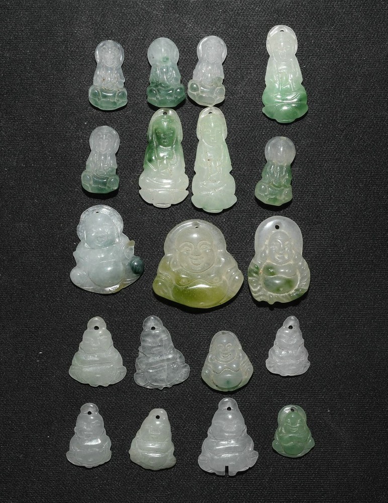 3CM China Dynasty Jadeite Emerald Kwan-yin Maitreya Buddha Amulet Pendant Set