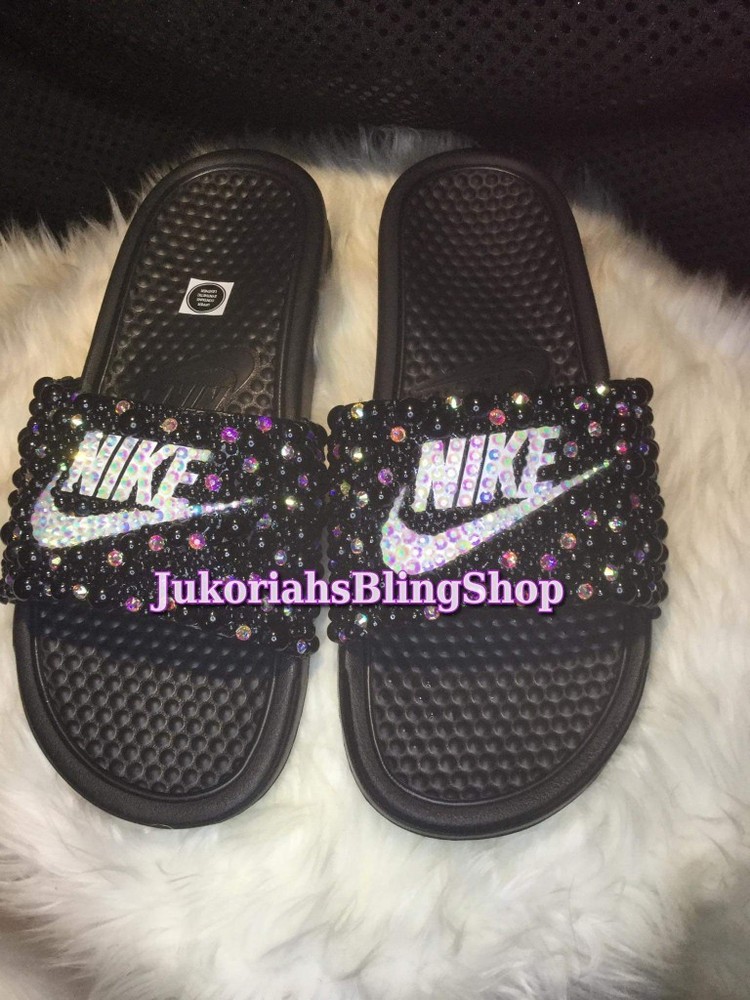 Bling Rhinestone Nike Benassi JDI Slides with Sparkle Design