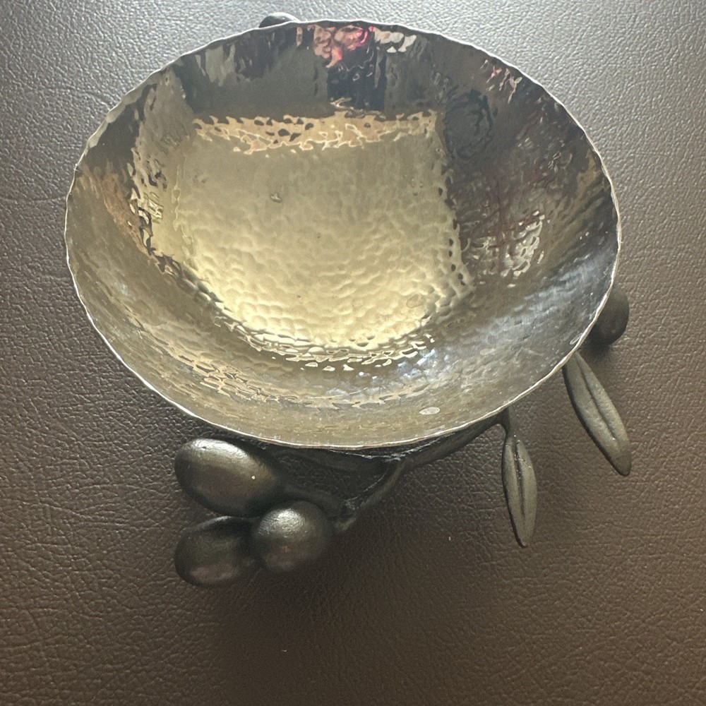 Michael Aram Hammered Steel Olive Branch Candy Dish 4.75 Inch Diameter Excellent Condition