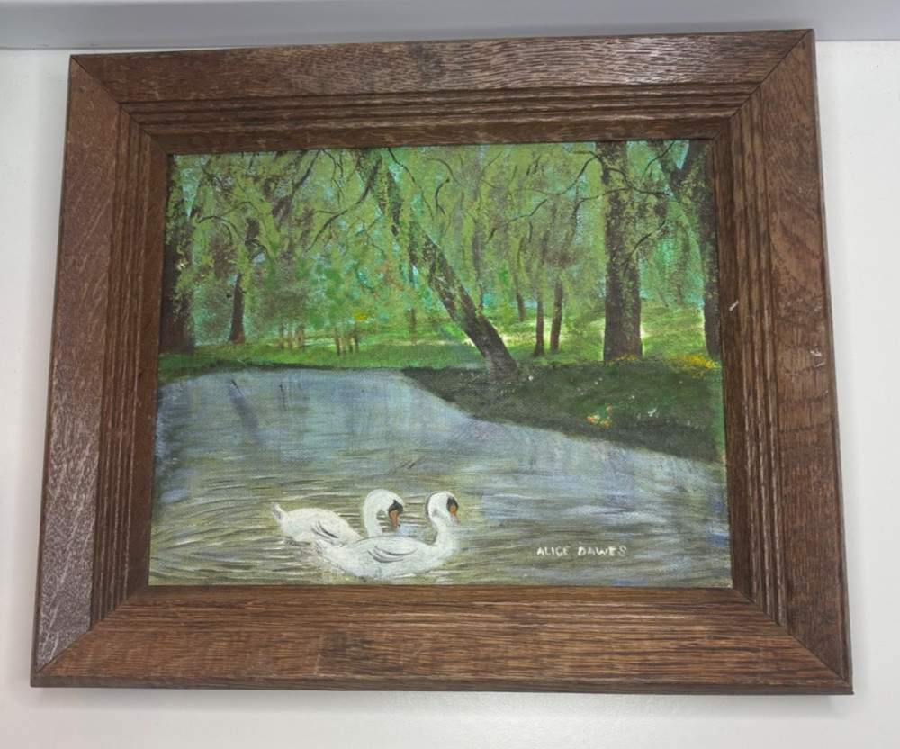 Oil painting Male & Female swans in lake landscape on canvas Alice Dawes