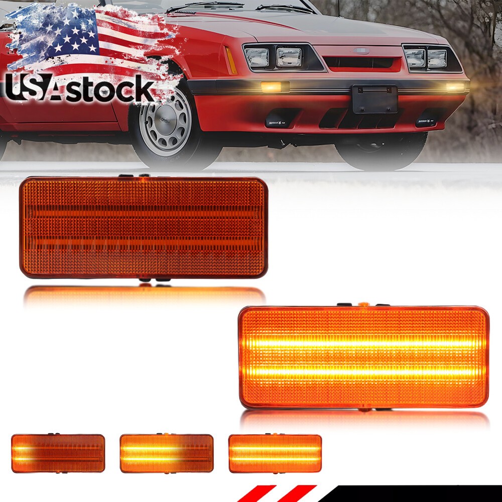 2X Dynamic Amber LED Front Parking Turn Signal Lights For 1979-1986 Ford Mustang