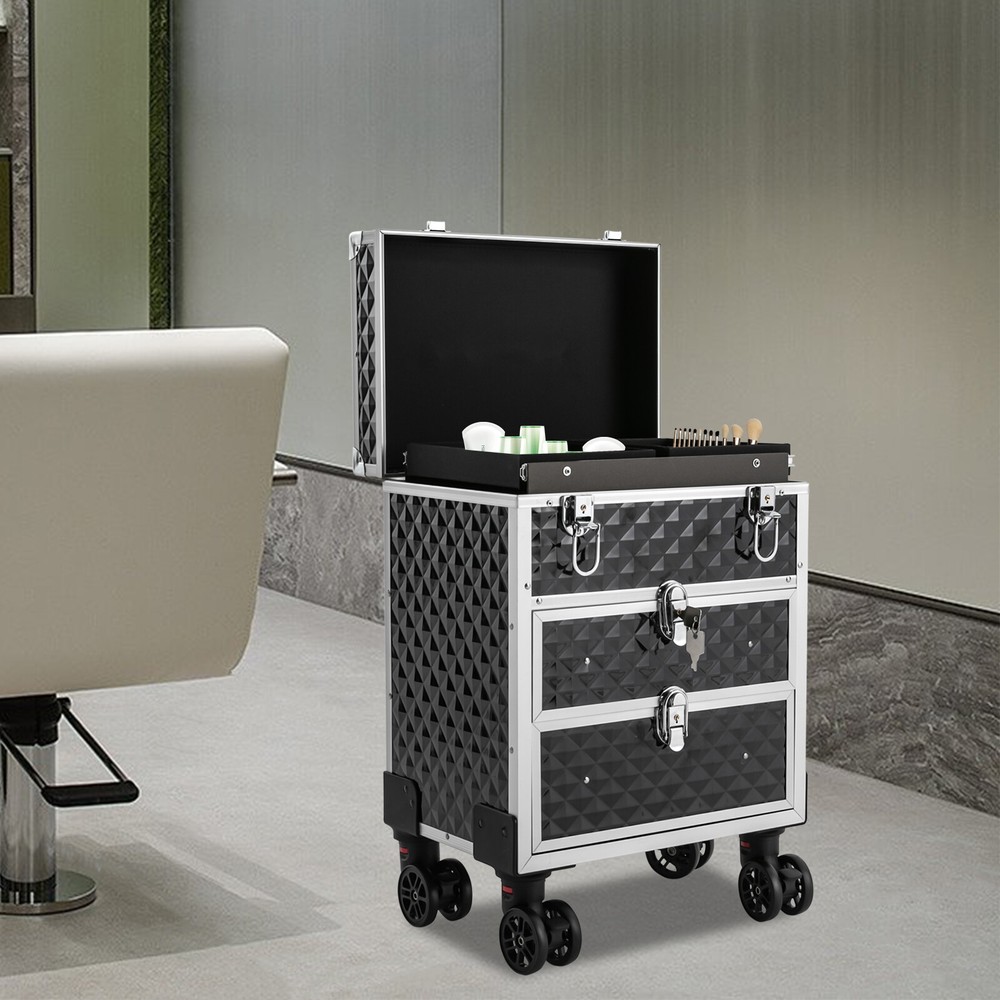 Pro Black Rolling Makeup Case with Sliding Drawers for Cosmetology Pros