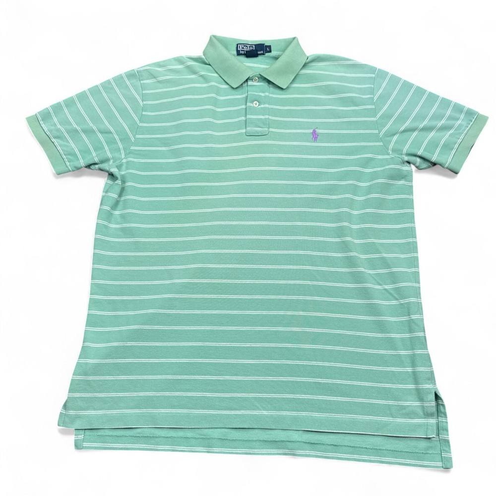 Ralph Lauren Polo Shirt Mens Size Large Light Green Striped Vintage Casual Pony
