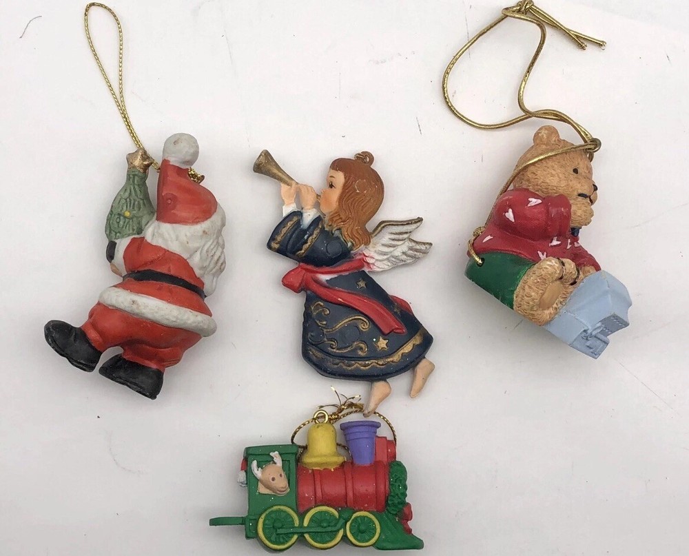 Lot Of 4 Christmas Tree Ornaments Santa Claus Train Teddy Bear