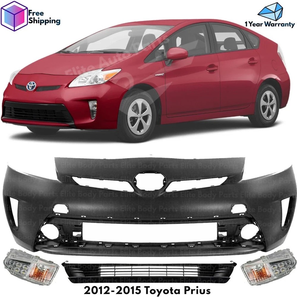 Front Bumper Cover Fascia & Lower Grille Kit For 2012-2015 Toyota Prius.