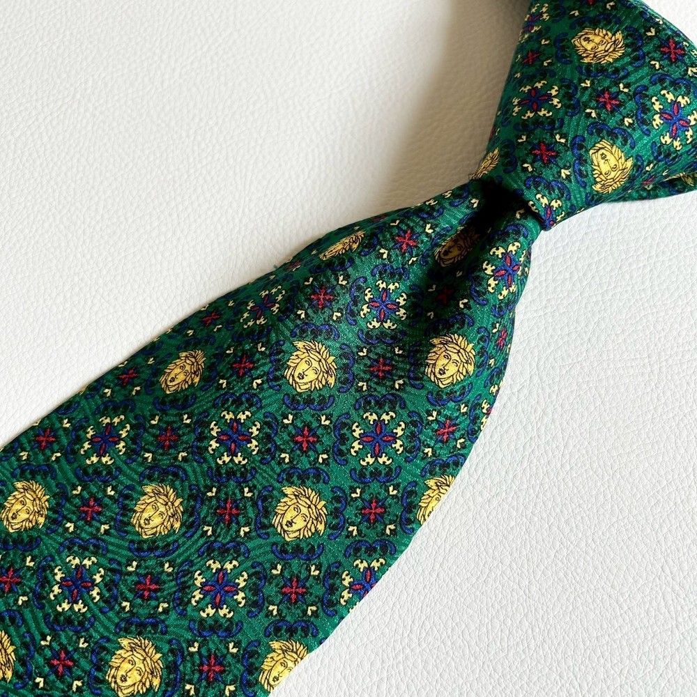 Gianni Versace 90s Silk Tie Medusa Baroque Floral Green Gold Italy From Japan