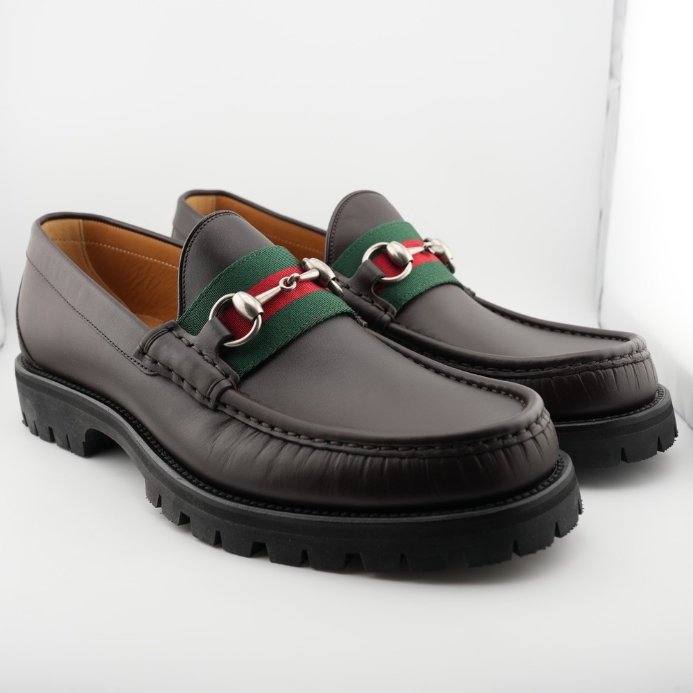 Gucci Horsebit Accent Brown Leather Dress Heavy Lug Loafers US 7.5