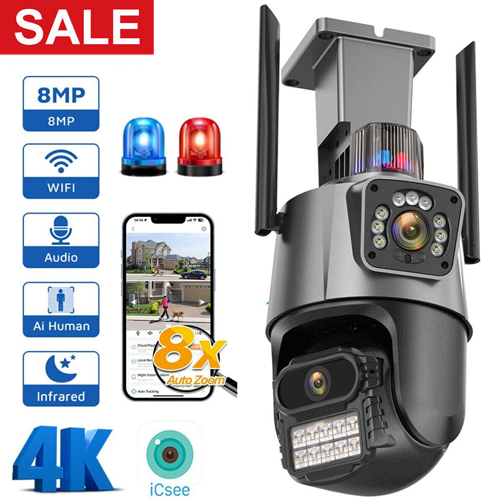 Wifi Security Camera 8MP 4K Dual Lens 1-8X Zoom Outdoor PTZ IP Night Vision Cam