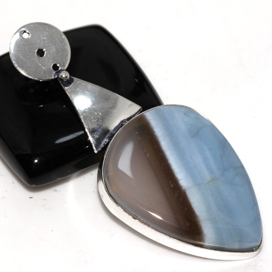 925 Silver Plated Owhyee Blue Opal Ethnic Pendant Jewelry Size 2.3