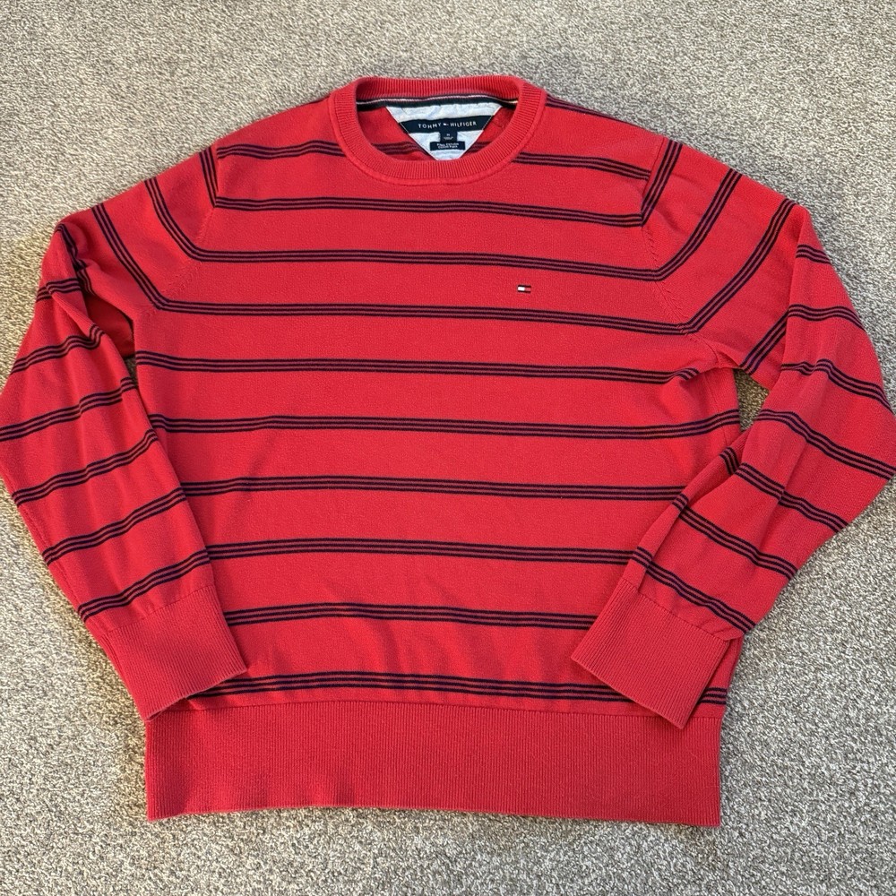 Tommy Hilfiger Pullover Sweater Mens M Red Striped Pima Cotton Ribbed Crewneck