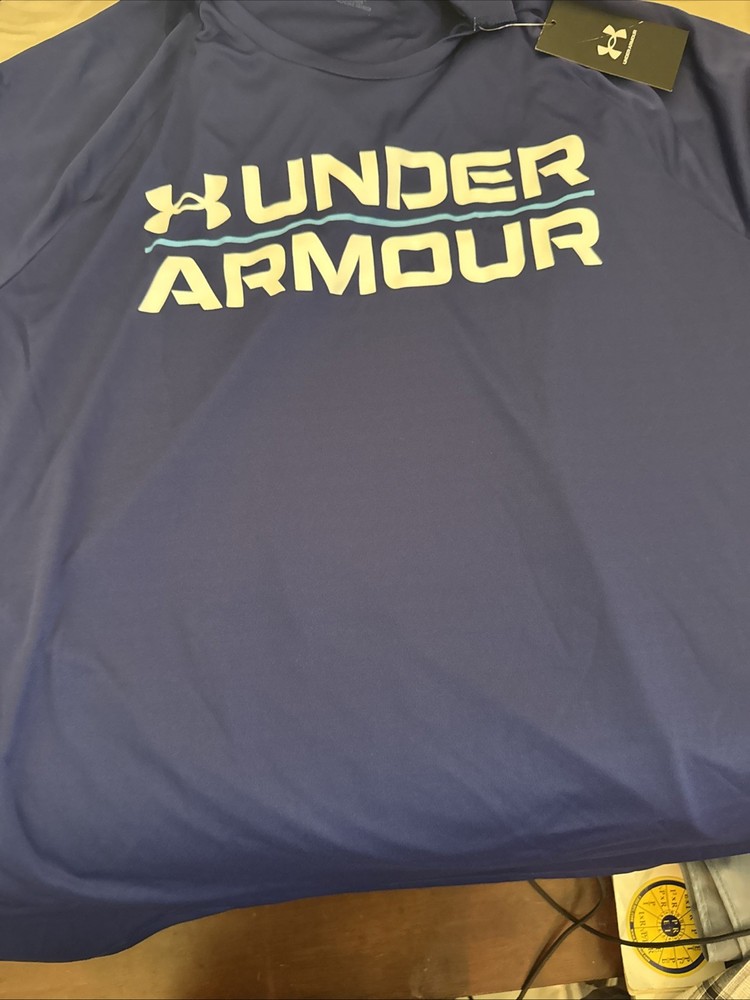 Under Armour Mens Shirt Blue Loose Heat Gear Logo Pullover Short Sleeve Size L