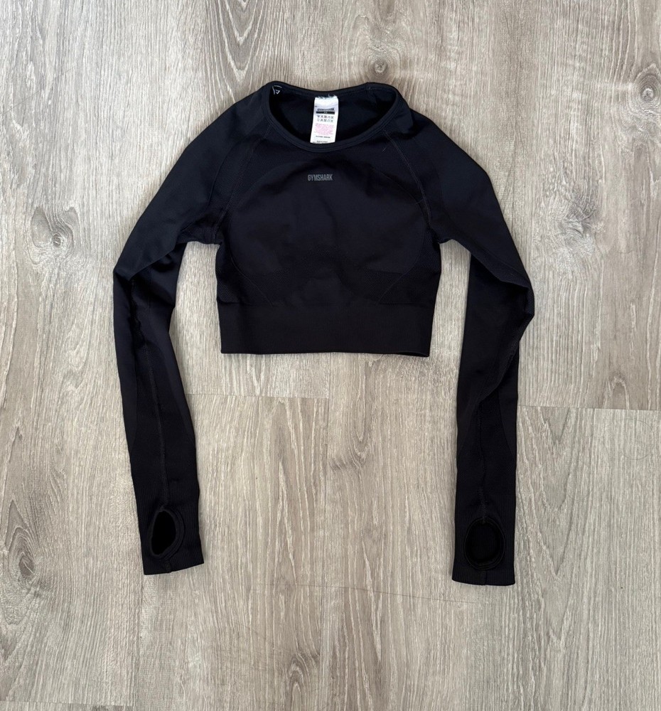 GYMSHARK VITAL 2.0 SEAMLESS CROP TOP Shirt SZ XS Black Keyhole LONG SLEEVE