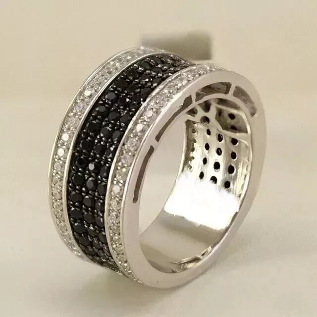 Men's 2CT Round Cut Black Moissanite Half Band Ring 14k White Gold Plated Silver