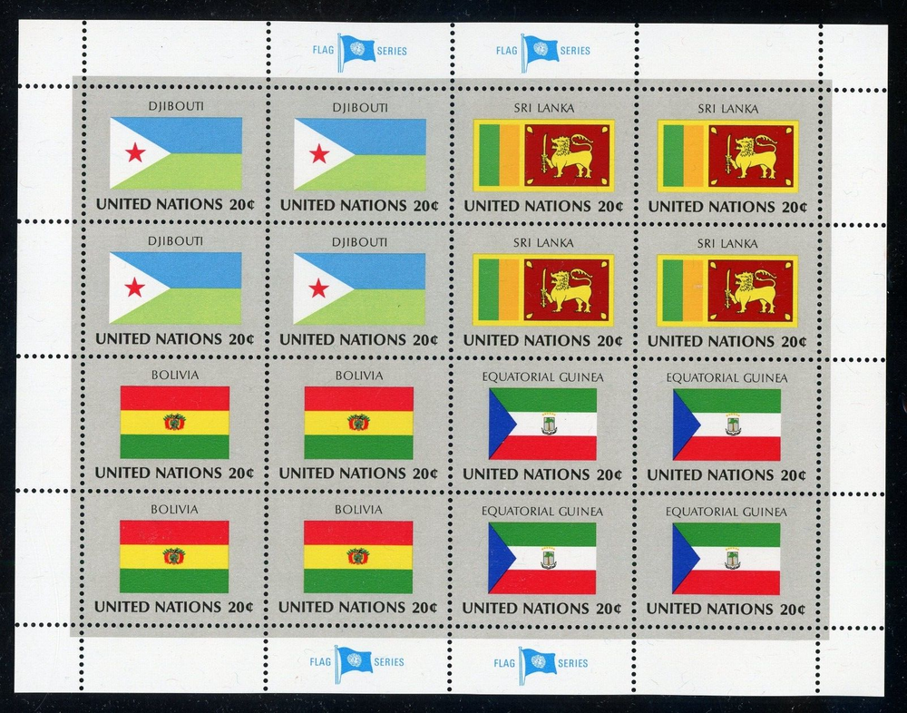 UNITED NATIONS 1981 FLAGS OF DJIBOUTI, SRI LANKA, BOLIVIA & EQUATORIAL GUINEA !!