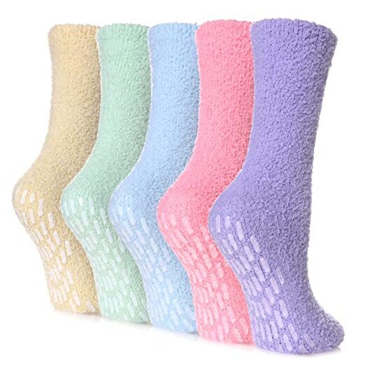 Non Slip Socks for Women Winter Warm Cozy Fuzzy Slipper Socks 5 Pairs Rainbow