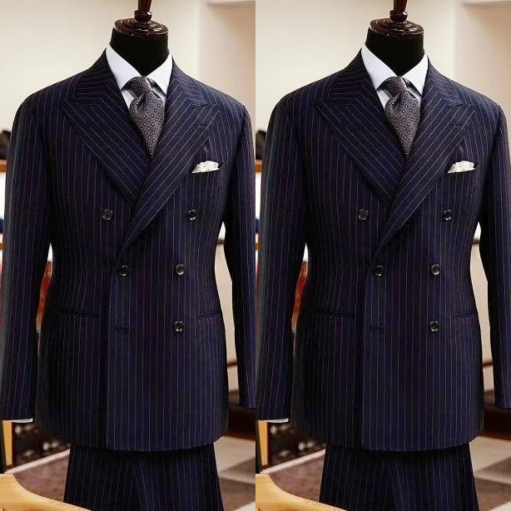 Navy Blue Men's Striped Suit Double Breasted Formal Tuxedo Jacket Offical 2Pcs