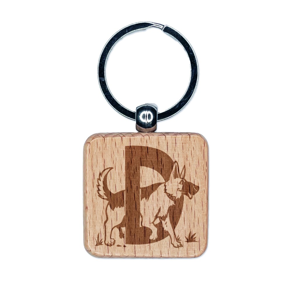 Animal Alphabet Letter D for Dog Engraved Wood Square Keychain Tag Charm
