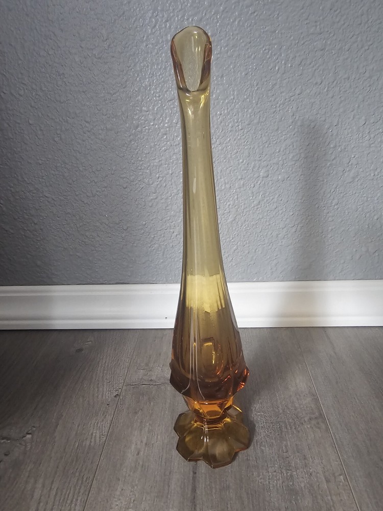 13” Fenton Valencia Swung Vase, Amber, MCM Vintage Glass Pedestal