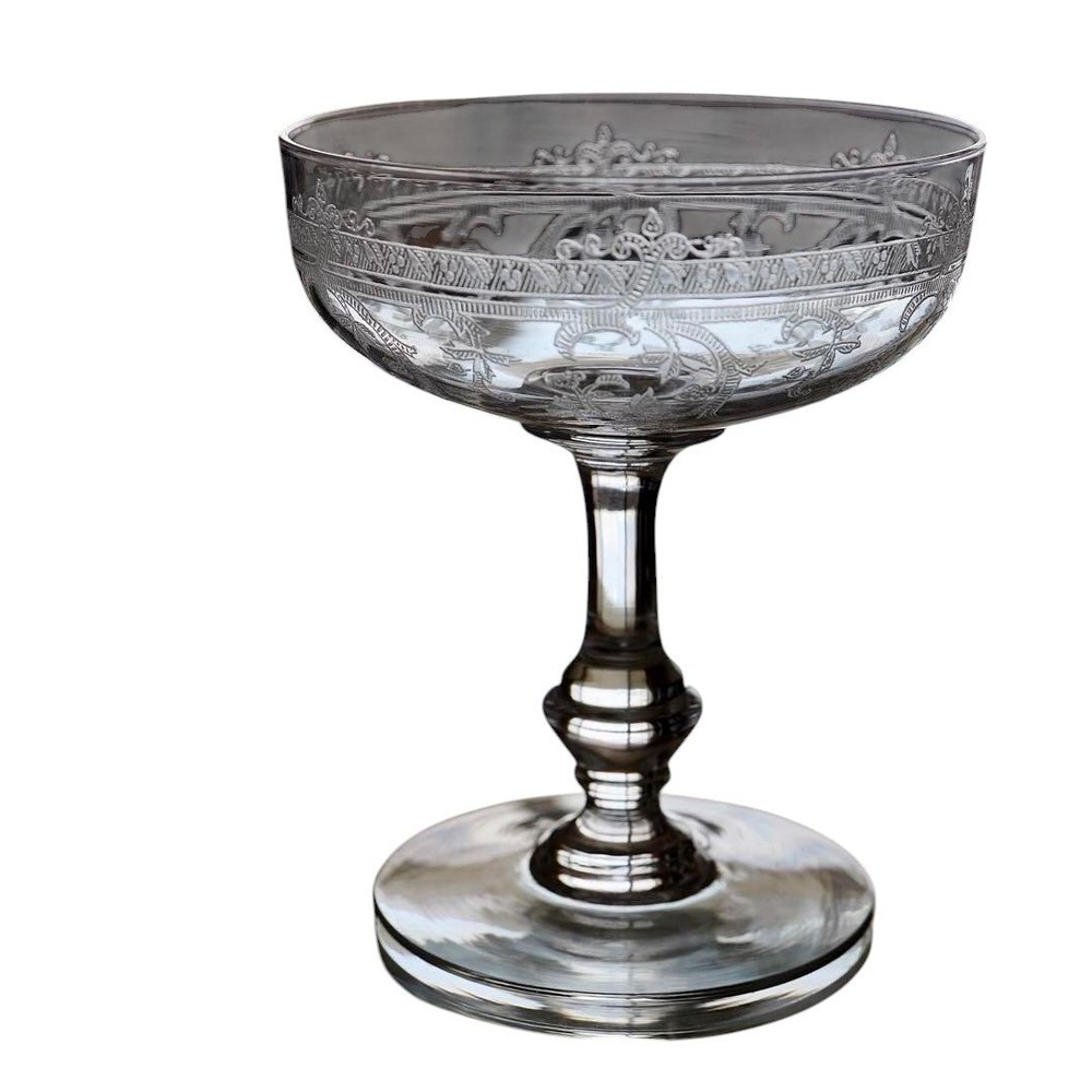 Vintage Saint Louis METZ Crystal Champagne Coupe Glass with Etched Deco Design