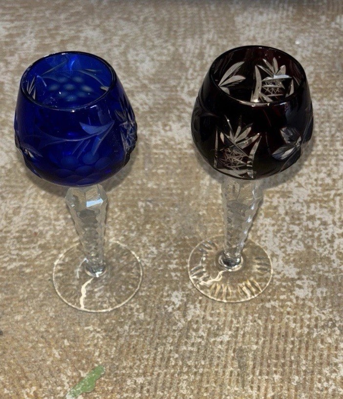 Cobalt Blue & Ruby German Handcut Crystal Liquor Bohemian Glass Set