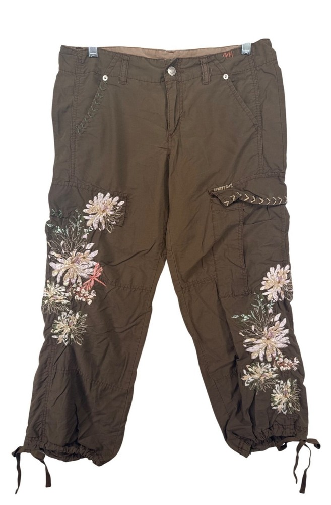 Upcycled Vintage Womens Pants Sz M Brown Parachute Cargo Floral Embroidered Boho