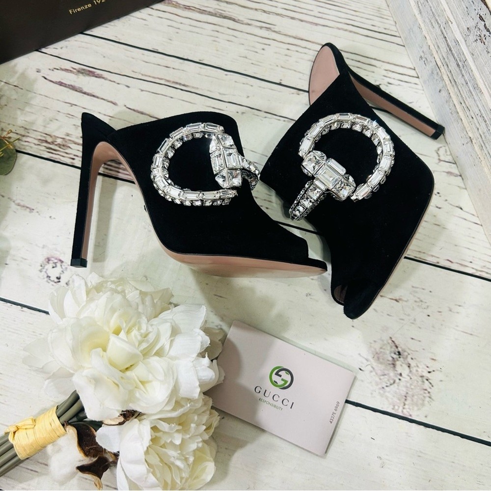 Gucci Black Suede GG Maxime bling Crystal Peep Toe Mules heels size 7 USA eur 37