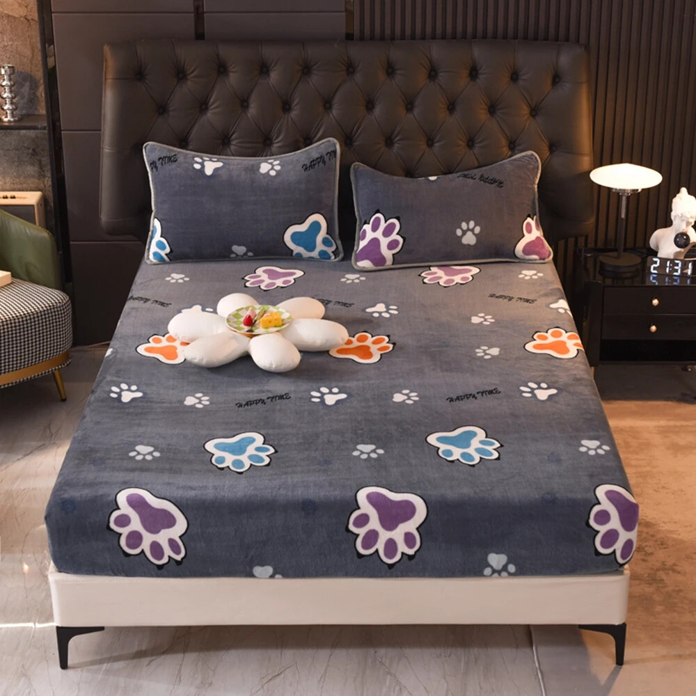 Soft Thicken Flannel Quilted MattressCover Cartoon Print Warm Mattress Protector