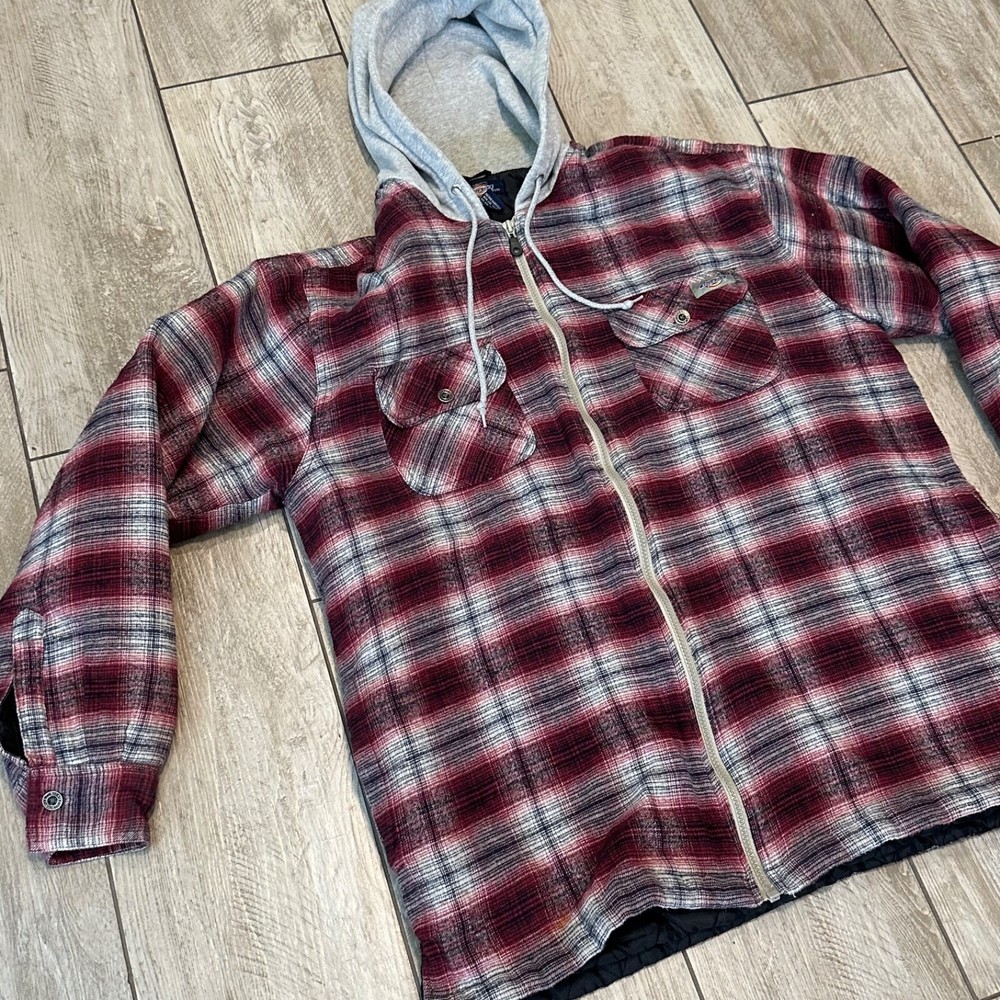 Dickies Mens Burgundy Gray Plaid Insulated Hooded Flannel Jacket Size L