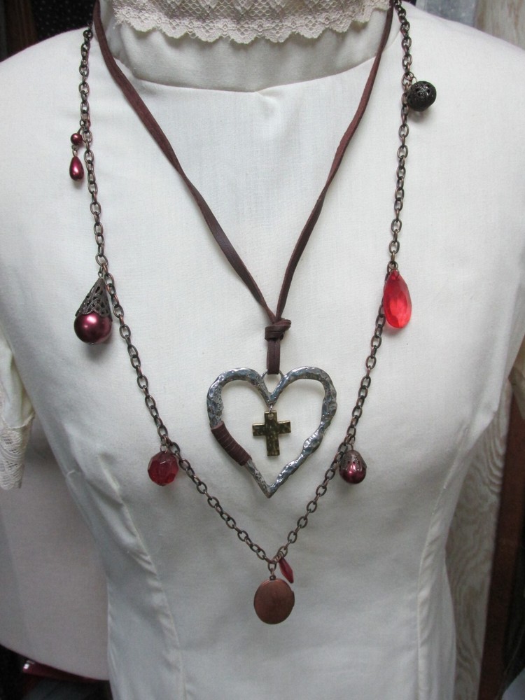 LARGE HAMMERED HEART WITH CROSS INSIDE NECKLACE +++BOHO CHAIN & BEADED NECKLACE