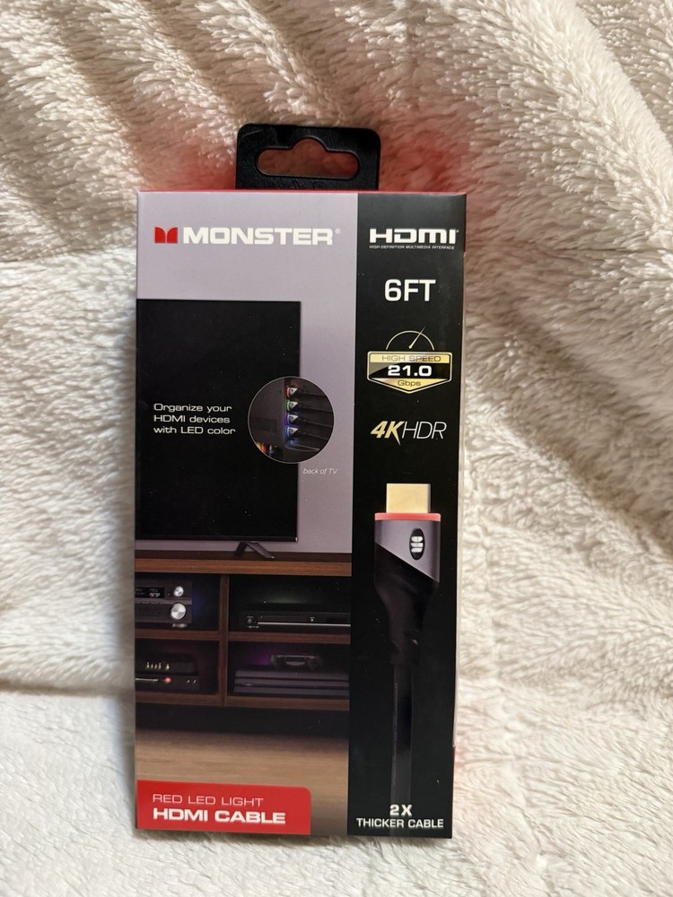 Monster HDMI Cable 4K HDR Premium Gold Plated High Speed 6 Ft Red LED Plug