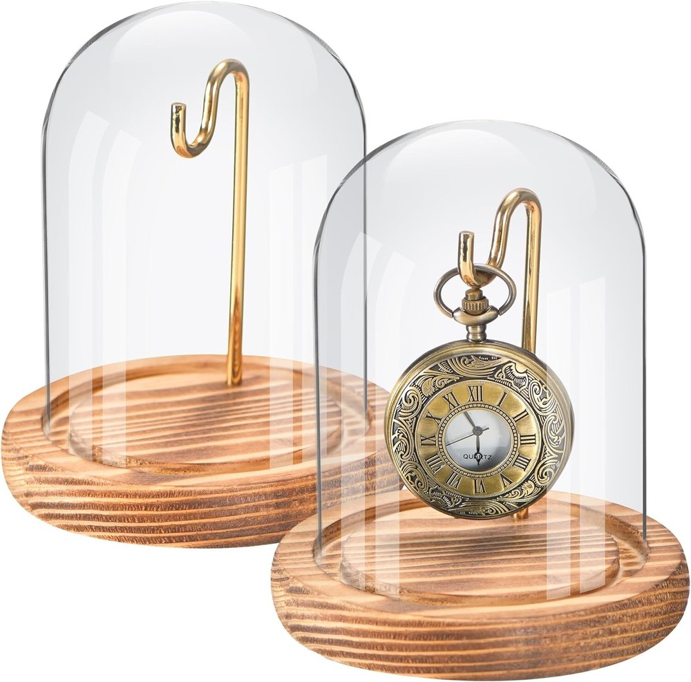 2 Pcs Pocket Watch Glass Display with Hooks Dome Cloche with Brown Wood Base Dec