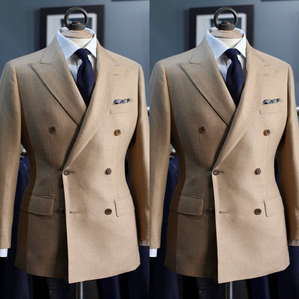Cashmere Men's Suit Brown Double Breasted Offical Warm Tuxedo Jacket Winter 2Pcs