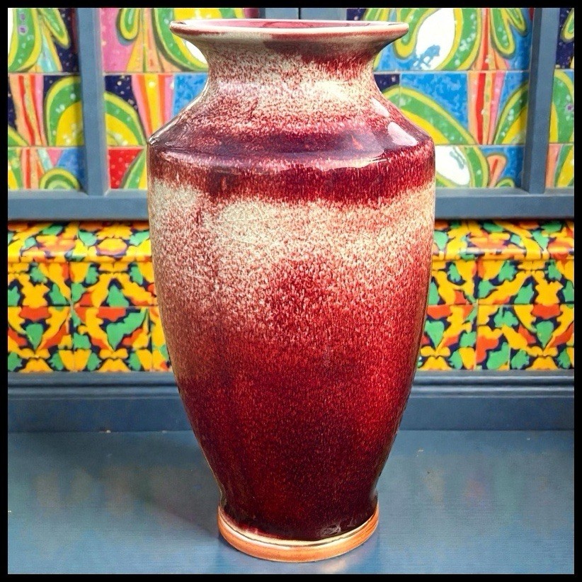 Antique Ruskin Style Art Pottery Chinoiserie Flambé Sang de Boeuf Glazed Vase