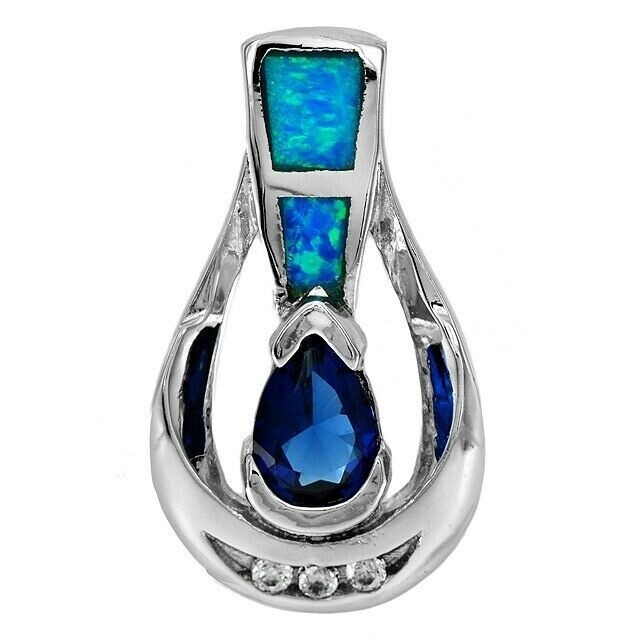 Treated Blue Sapphire & Australian Opal Inlay 925 Sterling Silver Pendant OE3