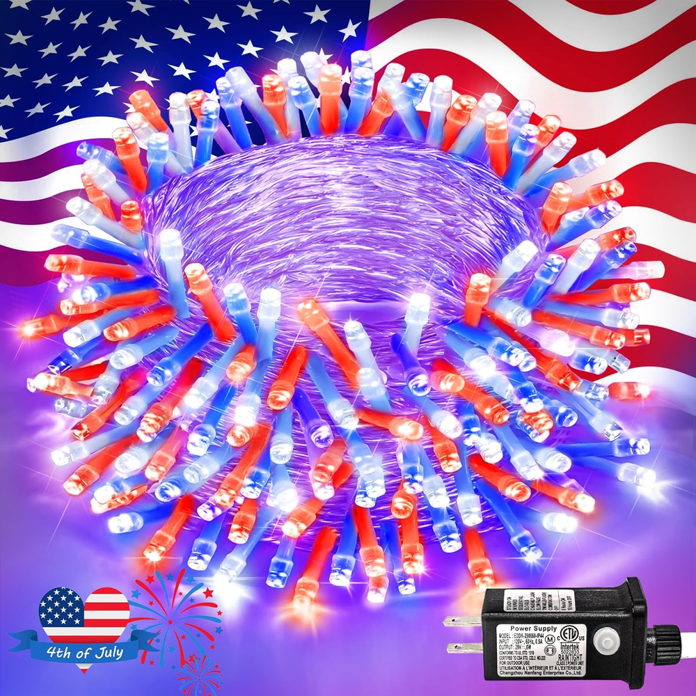 82FT 250 LED Red White Blue Patriotic 4th of July String Lights for Outdoor Decor