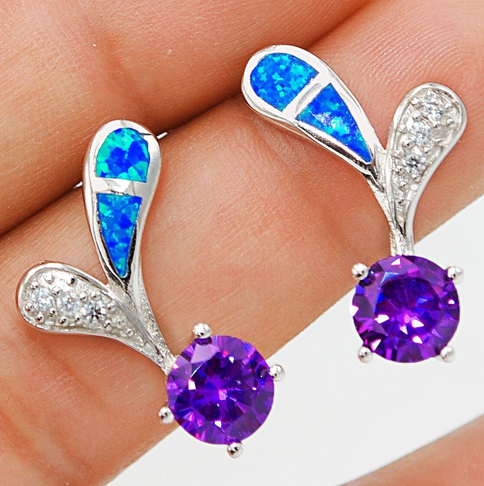 4CT Amethyst and Australian Opal Inlay 925 Sterling Silver Stud Earrings EO1