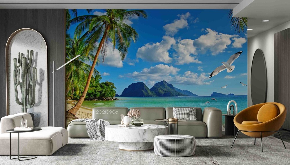 3D Blue Sky Sea Coconut Tree Wall Murals Wallpaper Murals Wall Sticker 329