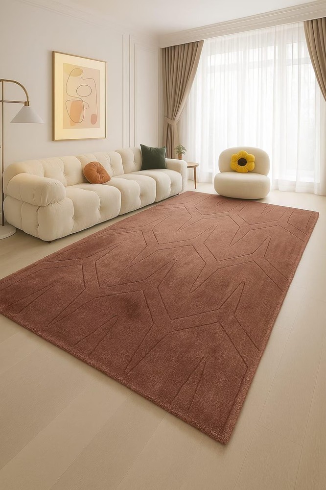 Hand-Tufted Wool Rug in Rich Rust | Geometric Chevron Carved  Carpet Rug