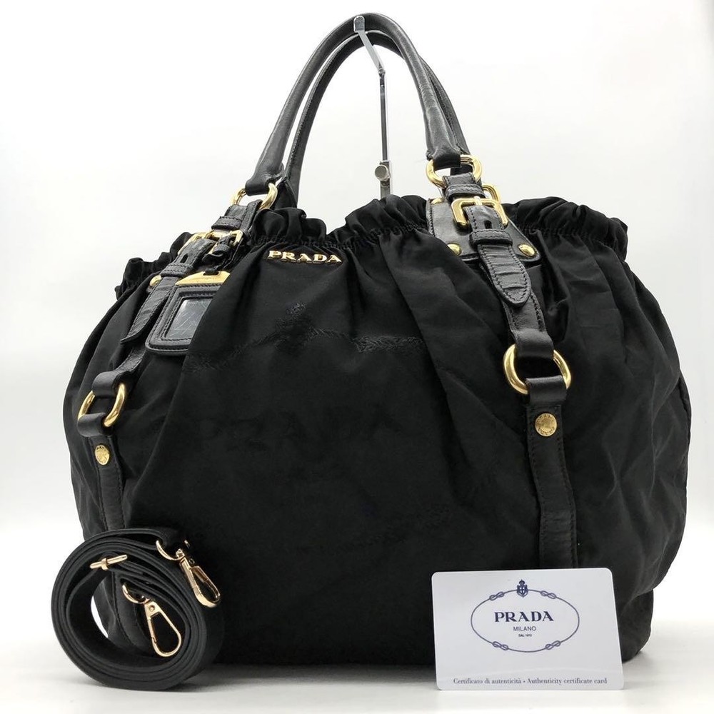 Rare PRADA 2way Gathered Jacquard Logo Nylon Handbag From Japan